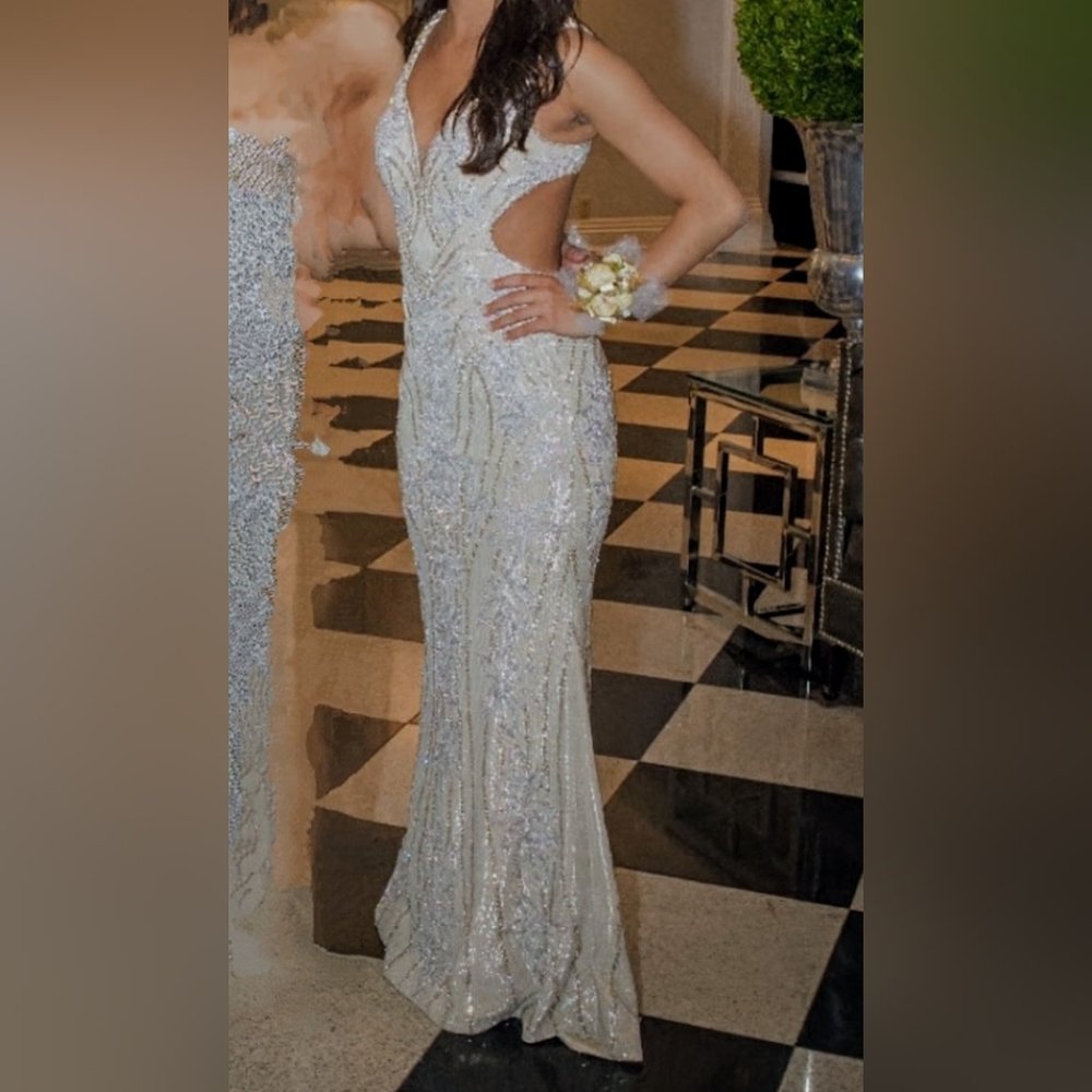 JOVANI gold/cream beaded Fabric with Intricate Design